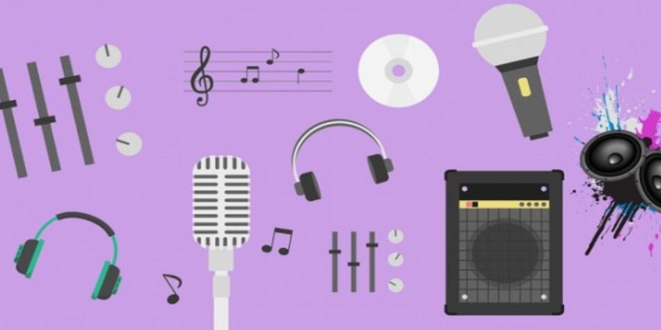Illustration de divers objets liés à la musique sur fond mauve: micros, enceintes, écouteurs et autres