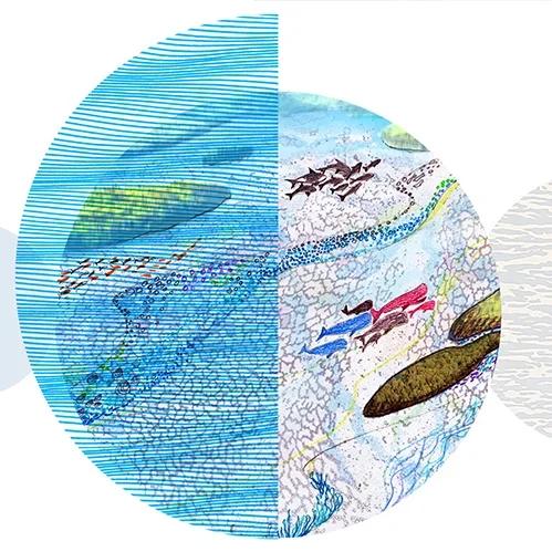 Image with grey and blue circles with drawings of birds and fishes
